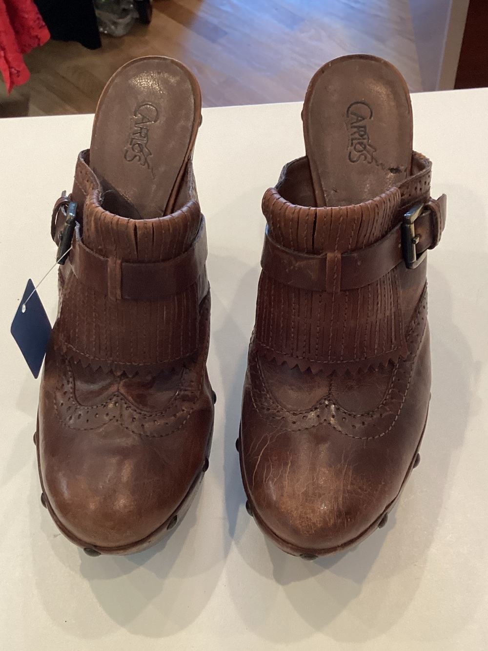 Carlos by Carlos Santana Brown Leather Fringe Buckle Clog Mules